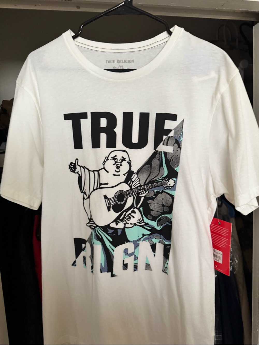True Religion White Short-Sleeve Graphic Tee with Black and Turquoise Print